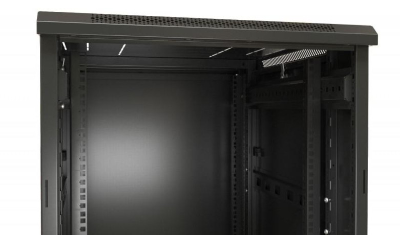 Шкаф напольный 19дюйм 32U 1610х800х1200мм (ВхШхГ) передняя дверь стеклянная задняя дверь сплошная ручка с замком 2 вертикальных кабельных организатора (RAL 9004) (разобранный) TTB-3282-AS-RAL9004 черн. Hyperline 436560