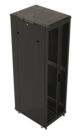 Шкаф напольный 19дюйм 18U 988х600х800мм (ВхШхГ) передняя и задняя распашные перфор. двери (75%) ручка с замком (RAL 9004) (разобранный) TTB-1868-DD-RAL9004 черн. Hyperline 395973
