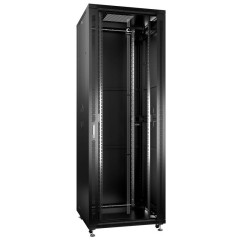 Шкаф монтажный SH-05C-47U80/100-BK телекоммуникационный 19дюйм напол. для распред. и серверного оборудования 47U 800х1000х2277мм (ШхГхВ) перед. стекл. и задняя сплошная метал. двери ручка с замком (RAL 9004) черн. Cabeus 8547c